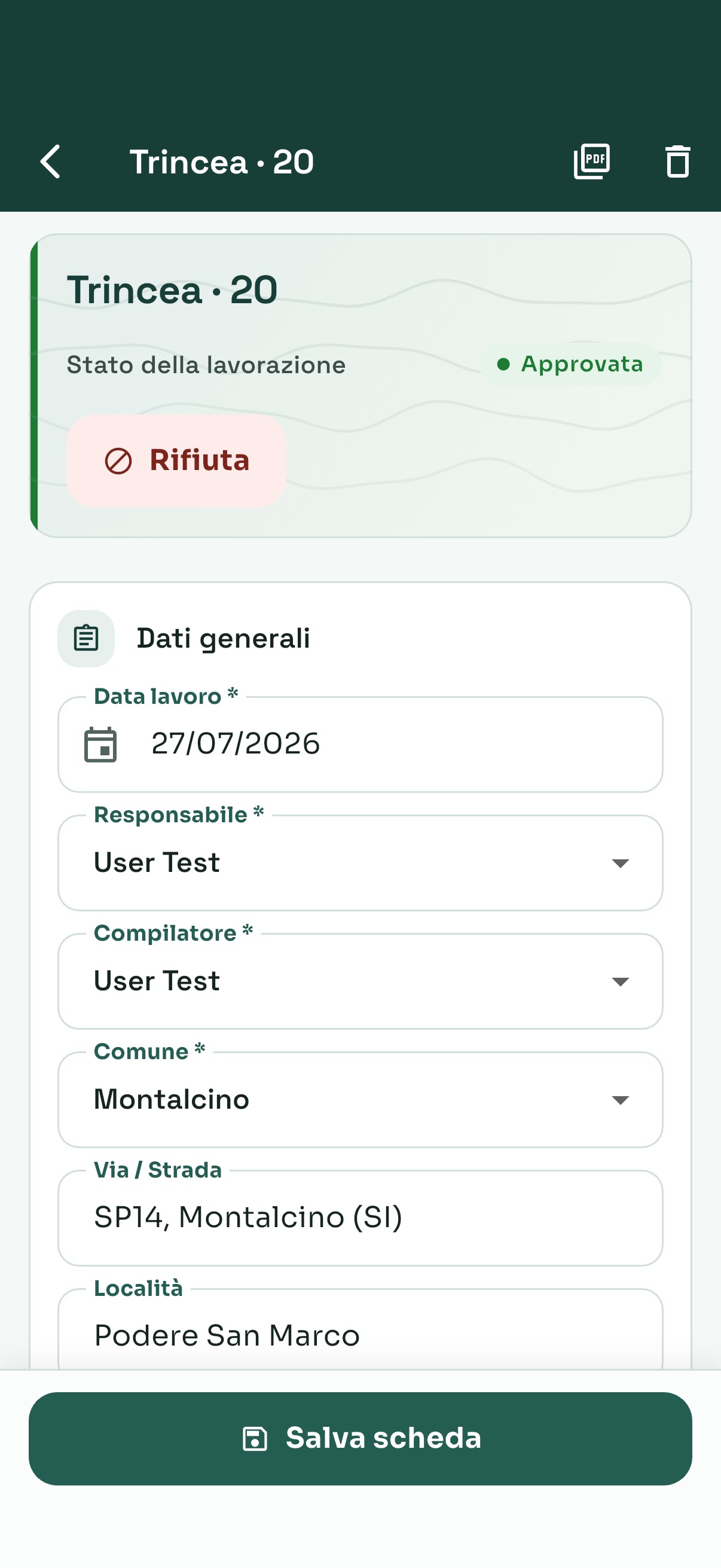 Scheda di scavo compilata nell'app geadi sul campo